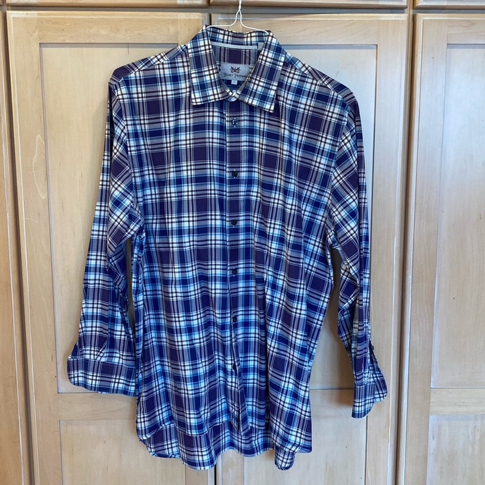 Hickey Freeman Men’s Large Plaid 100% Cotton button down shirt.